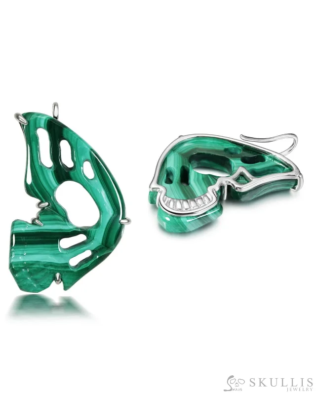 Gem Skull Earrings of Malachite Carved 925 Butterfly Skull in 925 Sterling Silver