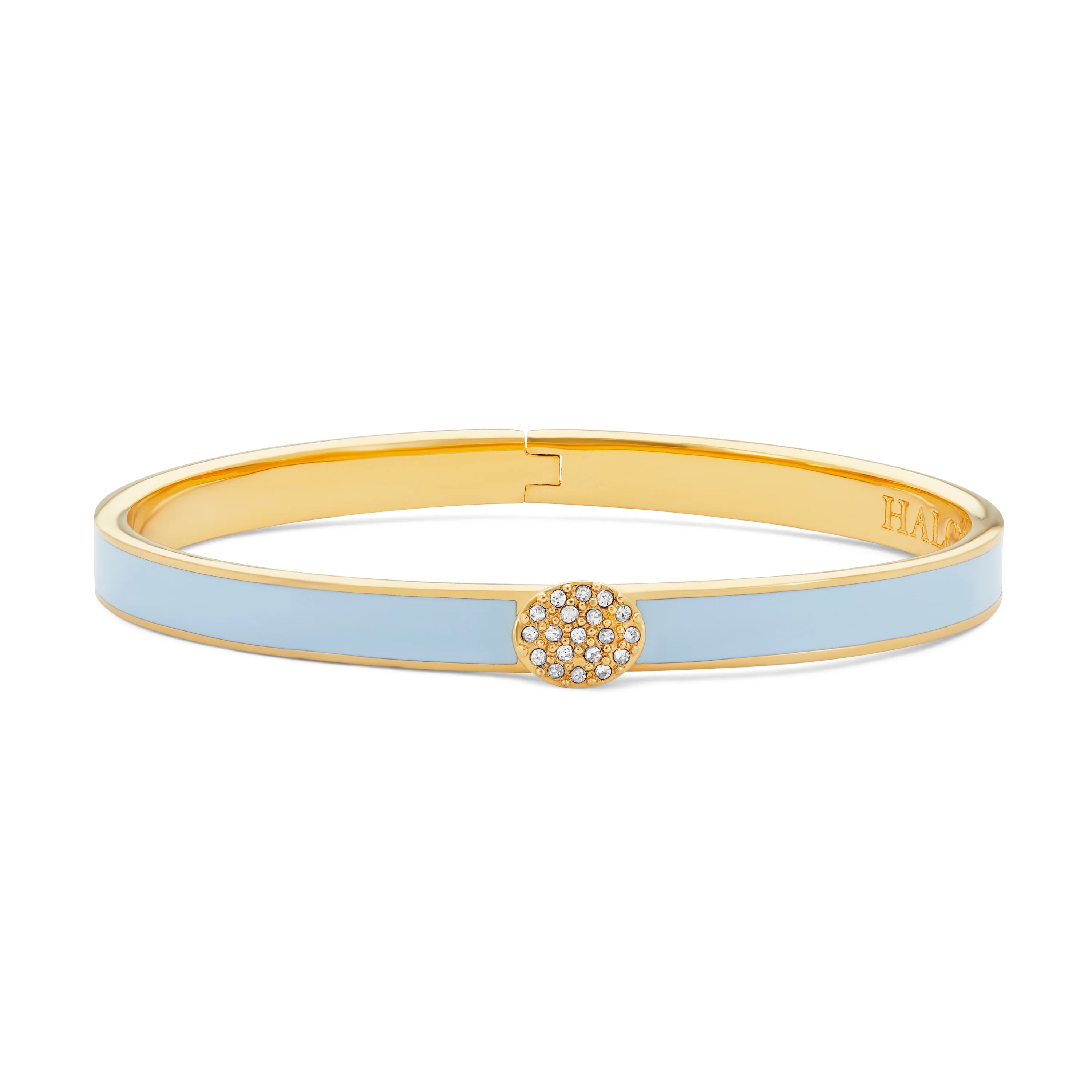 HALCYON DAYS 18K YELLOW GOLD PLATED 6MM SKINNY PAVE BUTTON FORGET-ME-NOT ENAMELED BANGLE BRACELET