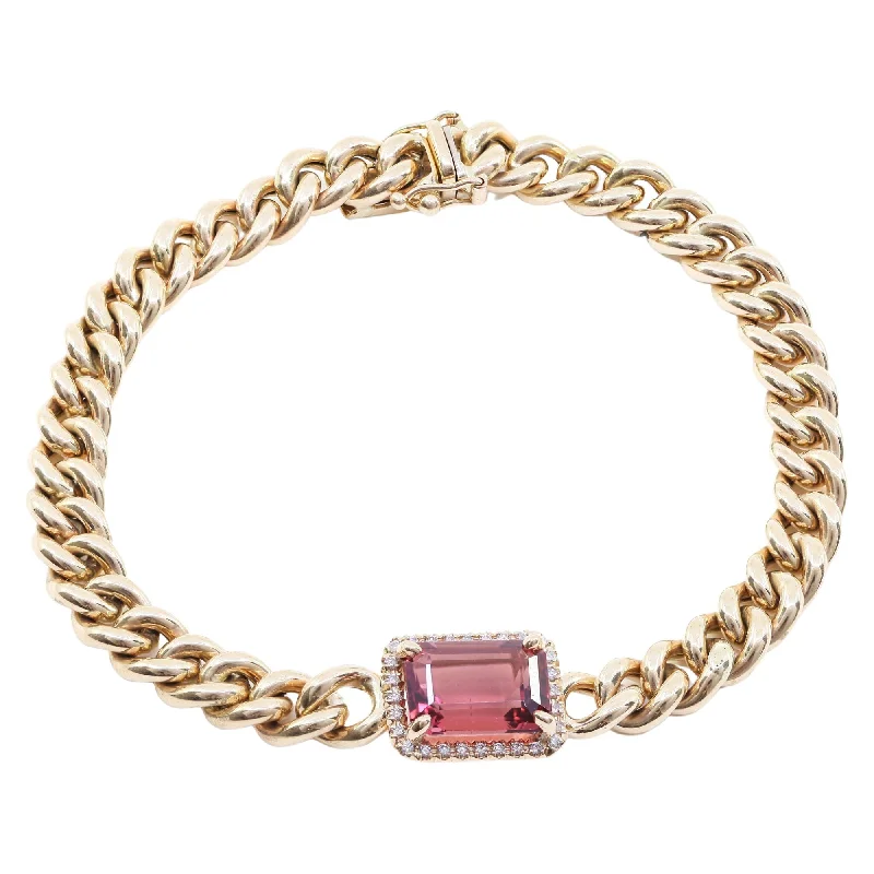 14K YELLOW GOLD HEAVY CURB LINK BRACELET WITH DIAMOND FRAMED PINK TOURMALINE