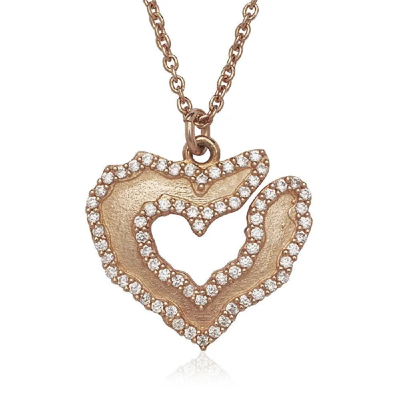 Sterling Silver Rose GP Heart with CZ Border Necklace