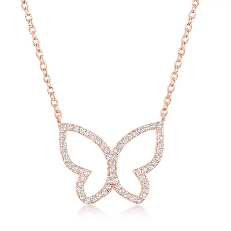 Sterling Silver Rose Gold Plated Open Butterfly CZ Necklace