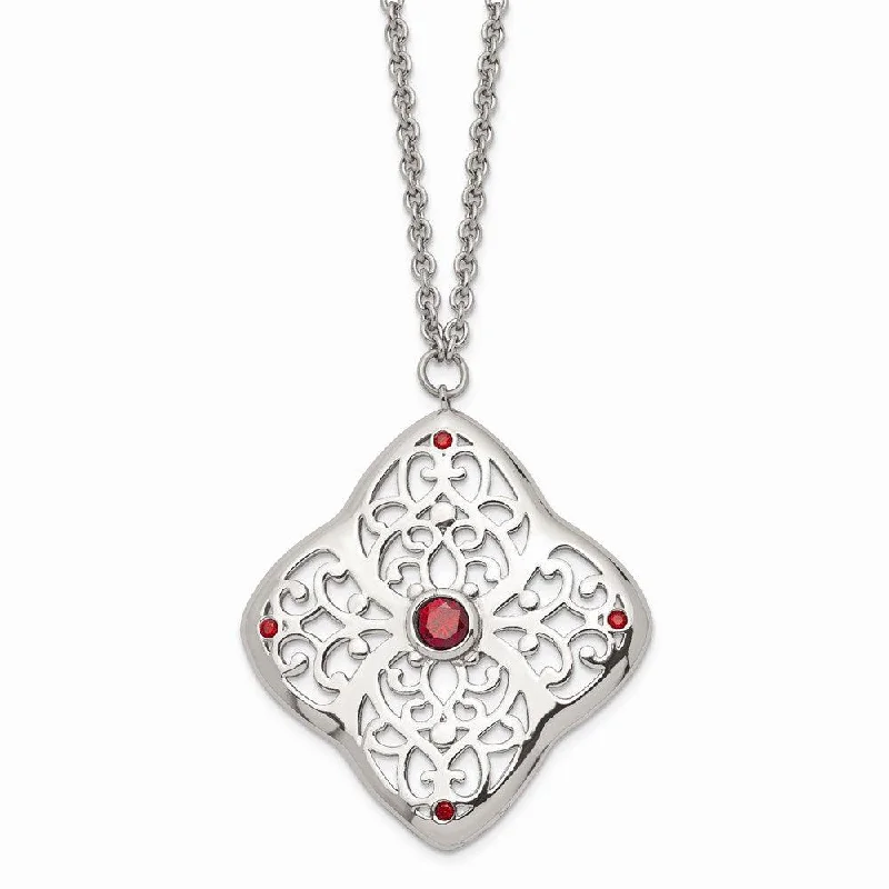 Stainless Steel Red CZ Square with 2in ext. Necklace