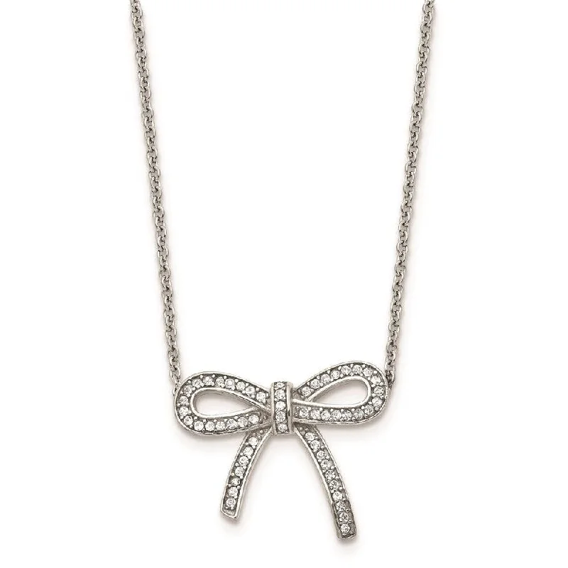 Stainless Steel Crystal Polished Bow with 1.75in ext. Necklace