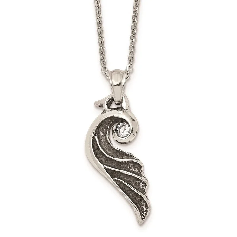 Stainless Steel Antiqued and Polished with Crystal Wing 18 in. Necklace