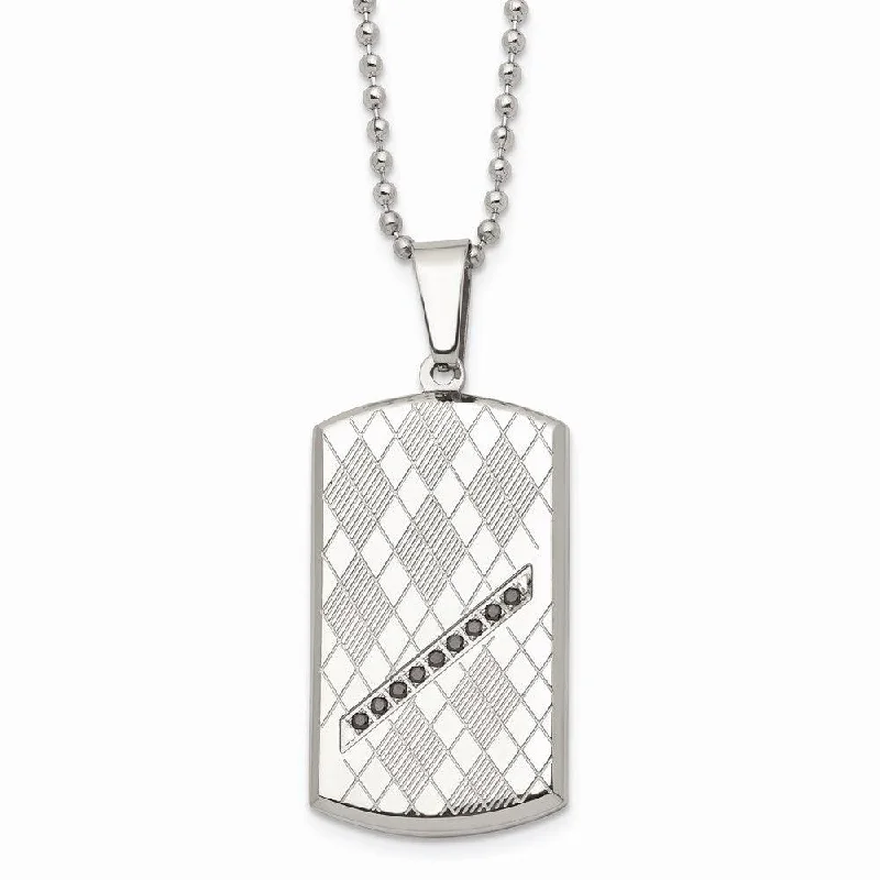 Stainless Steel Polished & Textured Black CZ Dog Tag Necklace