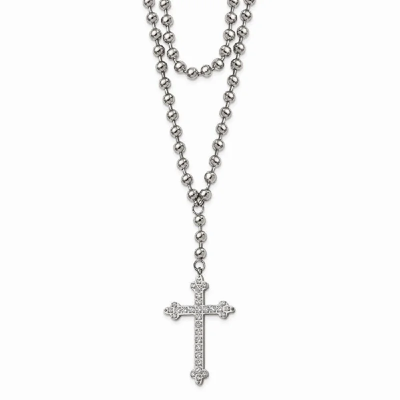 Stainless Steel Polished Cross w/Crystal Two Bead Chain Necklace