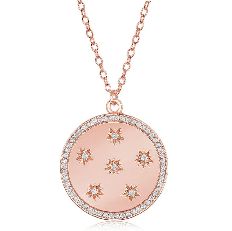 Sterling Silver Shiny Disc with CZ Stars and CZ Border Necklace