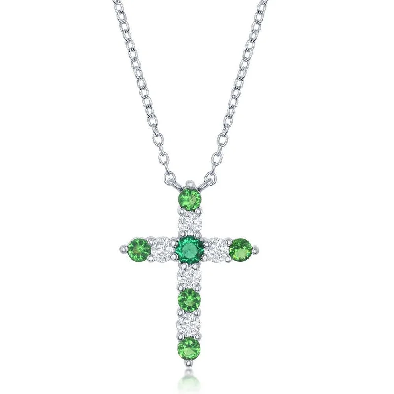 Sterling Silver Emerald CZ May Birthstone Cross Necklace