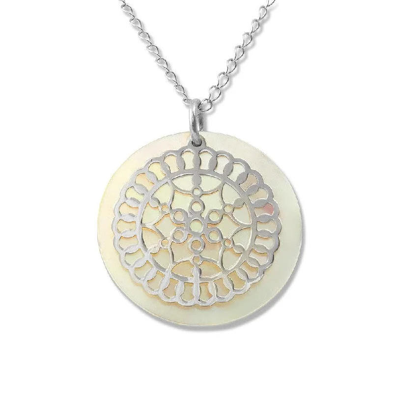 Sterling Silver Designed Circle MOP Disc Necklace