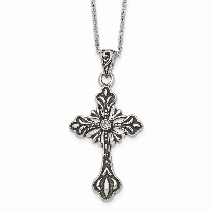 Stainless Steel Antiqued and Polished w/Crystal Cross Necklace