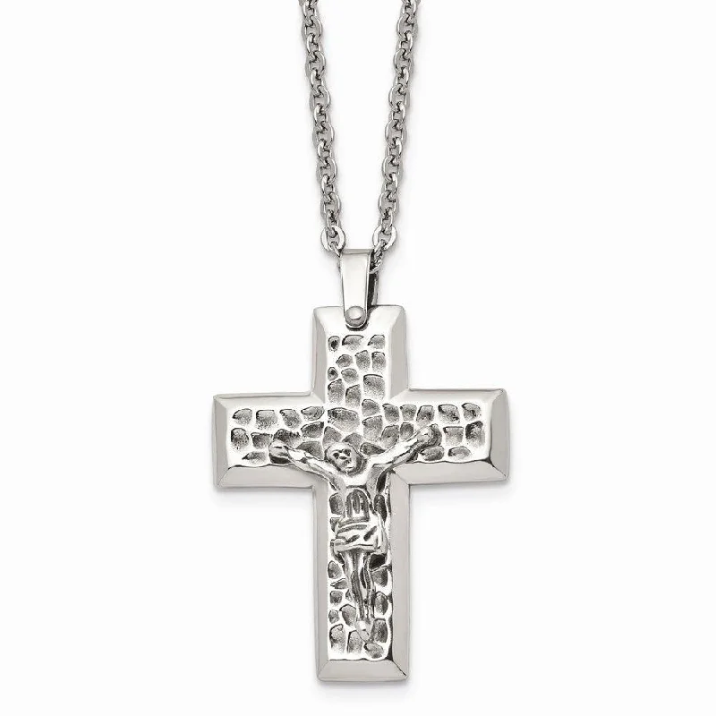 Stainless Steel Polished & Textured Crucifix 20in Necklace