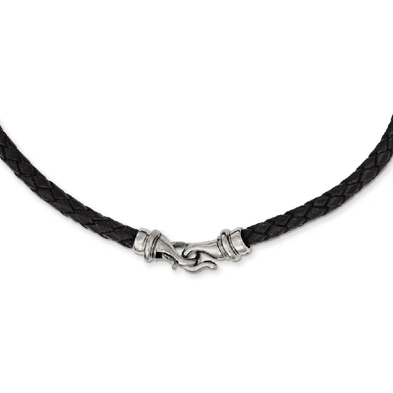 Stainless Steel Polished Woven Black Leather Necklace