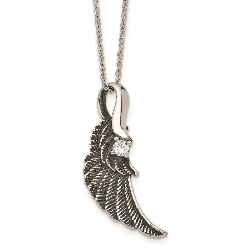 Stainless Steel Antiqued and Polished with Crystal Wing Necklace