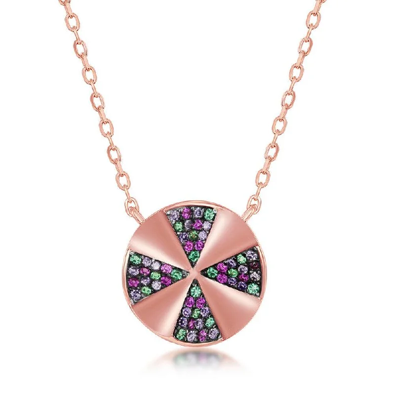 Sterling Silver Rose GP Rainbow CZ Designed Disc Necklace