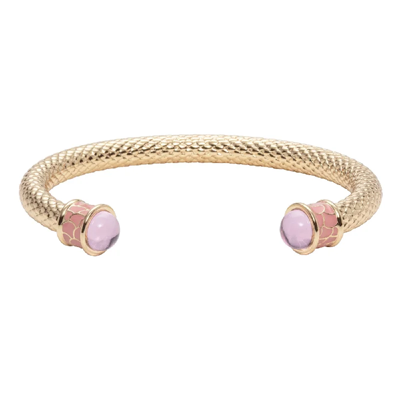 18K YELLOW GOLD PLATED SALAMANDER TORQUE ROSE QUARTZ BANGLE