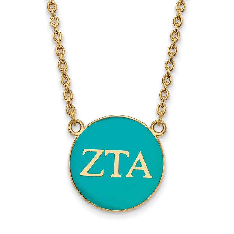 14K Plated Silver Zeta Tau Alpha Large Turquoise Enamel Disc Necklace