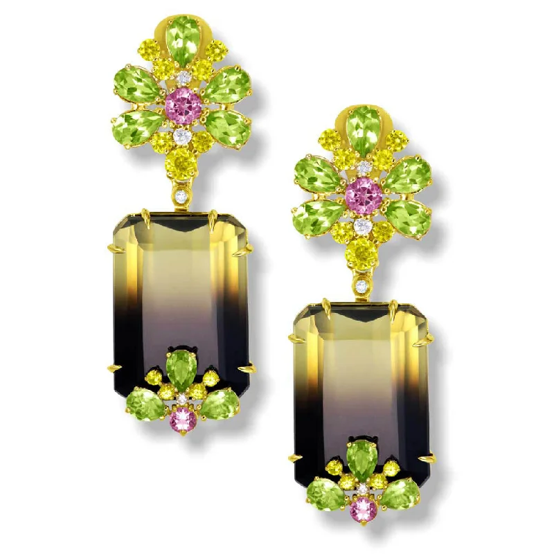 Gold Blossom Earrings with Quartz, Peridot & Sapphire