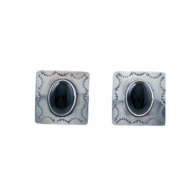 Square Silver Onyx Earring