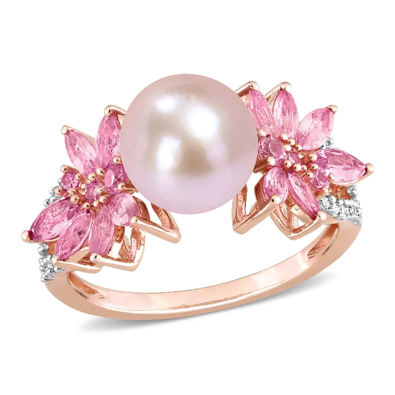 Miadora 9-9.5mm Cultured Freshwater Pink Pearl 1 7/8ct TGW Pink Sapphire and 1/8ct TDW Diamond Flower Ring in 14k Rose Gold