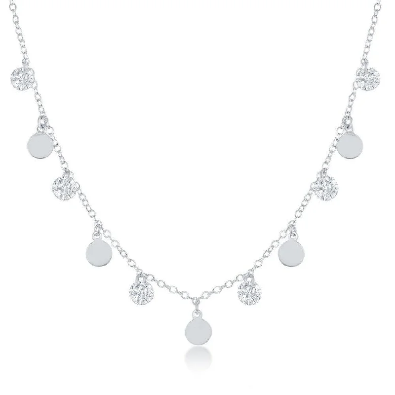 Sterling Silver Dangling Cubic Zirconia's and Discs Necklace