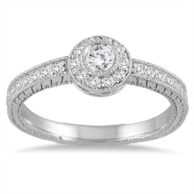 1/2 Carat TW Engraved Halo Ring in 14K White Gold