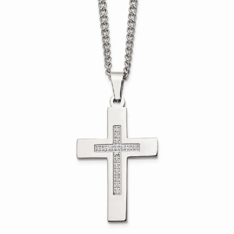 Stainless Steel Polished CZ Cross Necklace