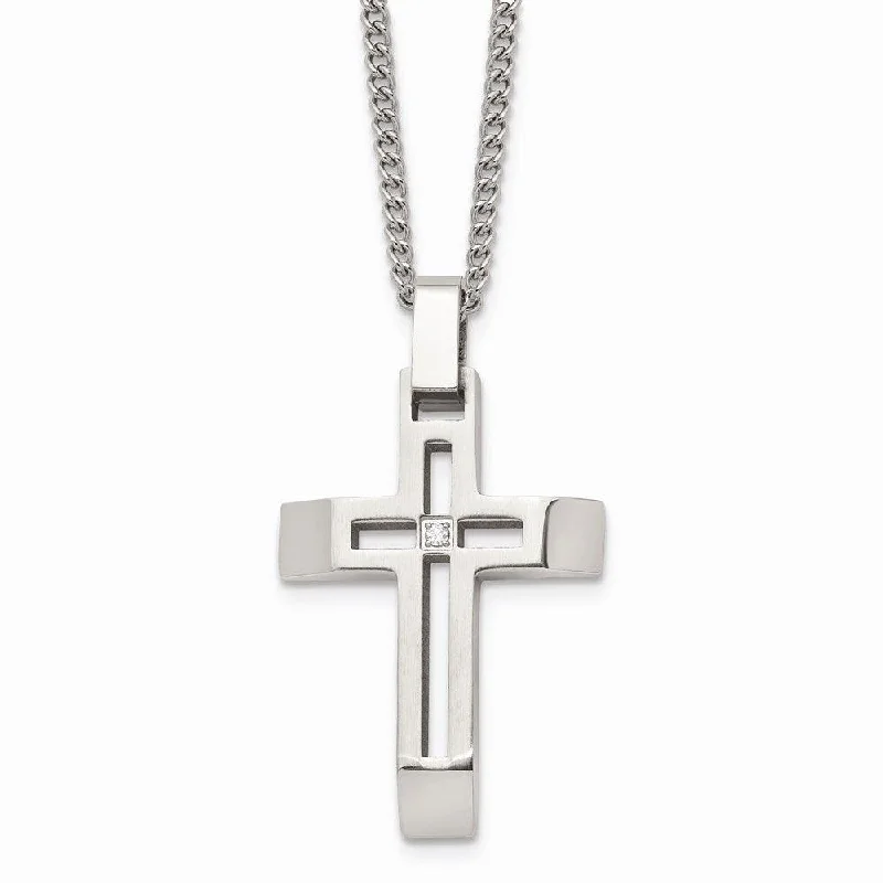 Stainless Steel Brushed and Polished Cross with CZ Necklace