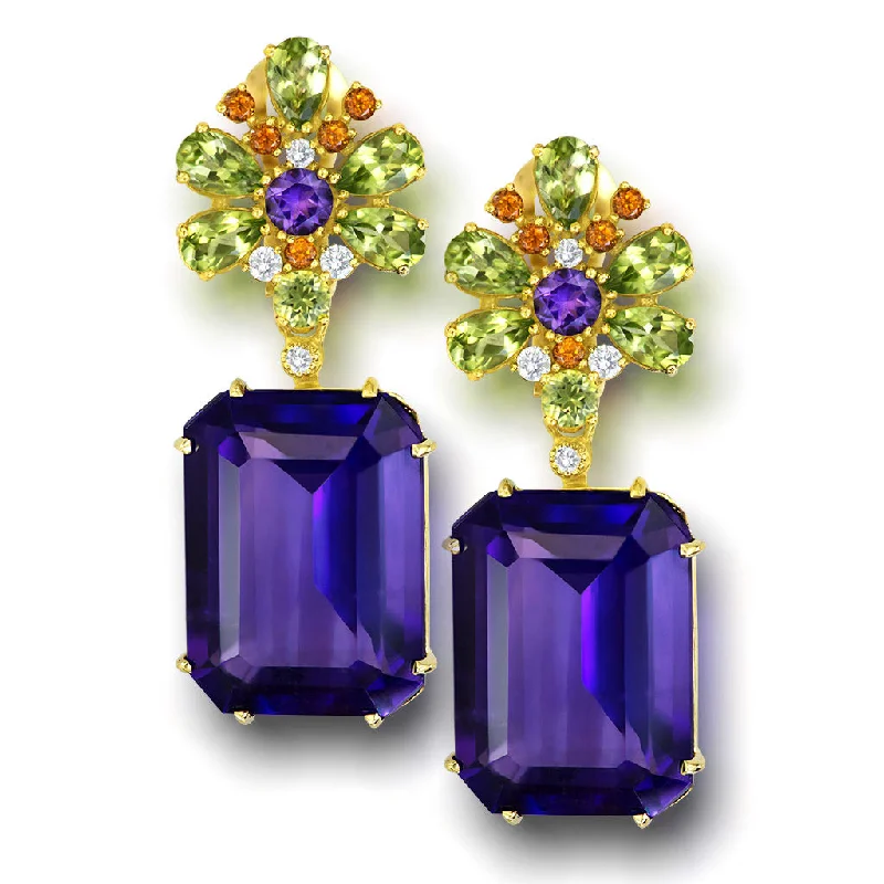 Gold Blossom Drop Earrings with Amethyst & Peridot