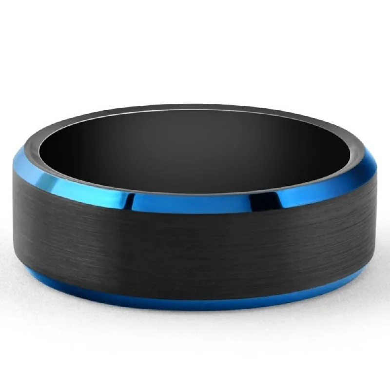 Men's Brushed Black Tungsten Ring Blue Polished Beveled Edge 8mm Wedding Band