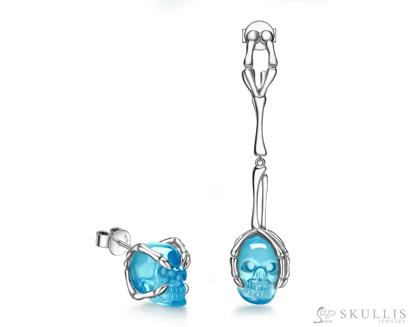 Gem Skull Earrings of Aquamarine Carved Skull in 925 Sterling Silver