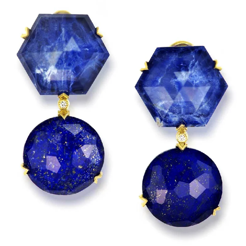 Gold Denim Drop Earrings with Lapis Lazuli & Diamonds