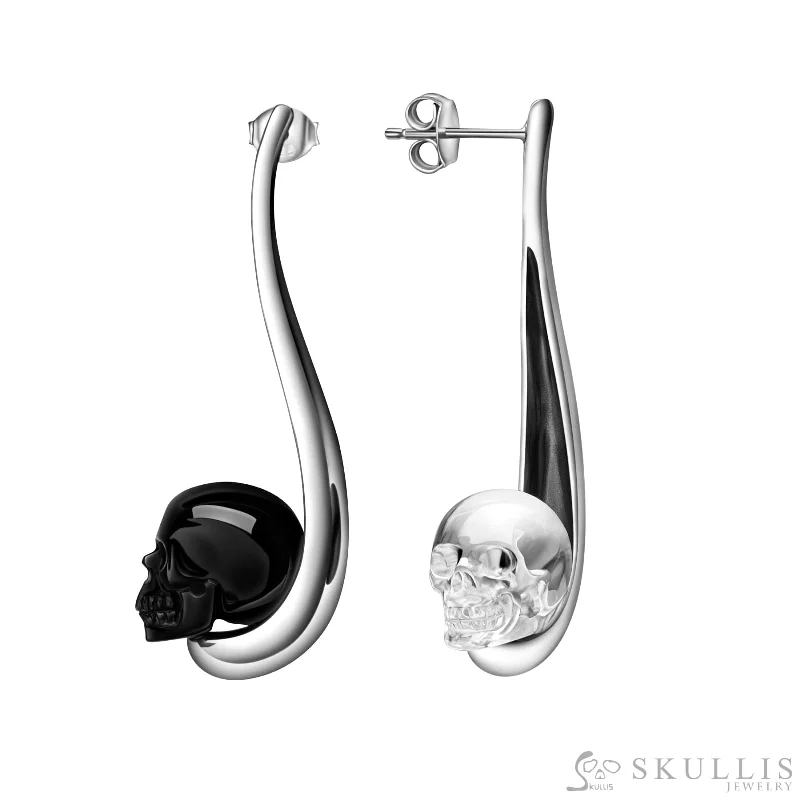 Gem Skull Earrings of Black Obsidian & Quartz Rock Crystal Carved Skull in 925 Sterling Silver