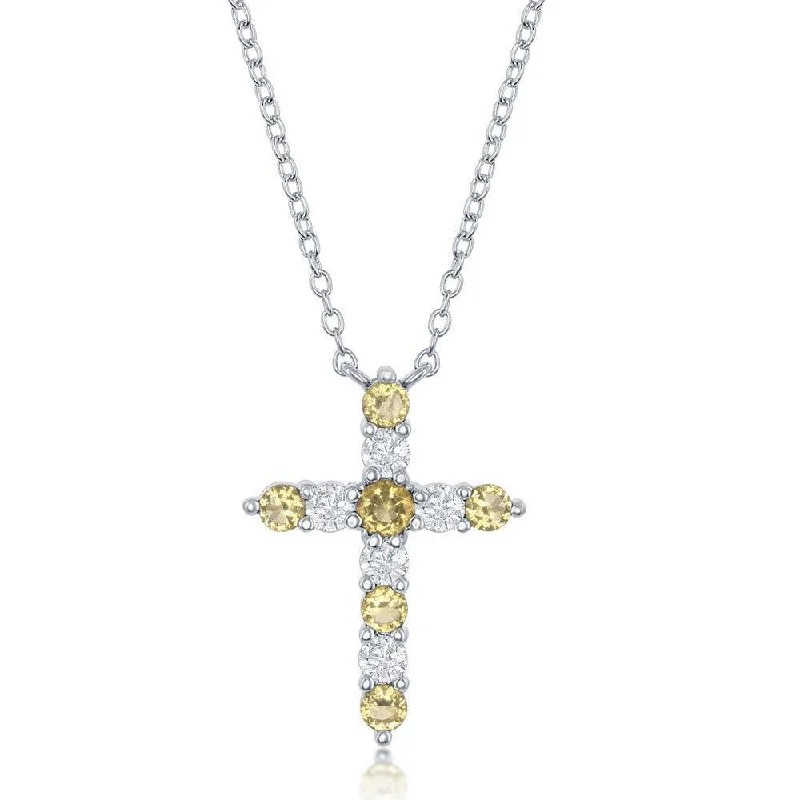 Sterling Silver Citrine CZ November Birthstone Cross Necklace