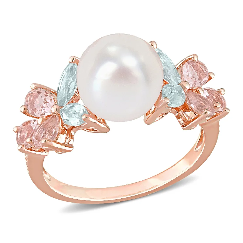 Miadora 8.5-9mm Cultured Freshwater Pearl and 1 2/5ct TGW Morganite Aquamarine White Topaz Cocktail Ring in 18k Rose Silver