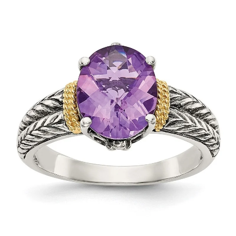 Curata 925 Sterling Silver Polished Prong set With 14k Amethyst Ring