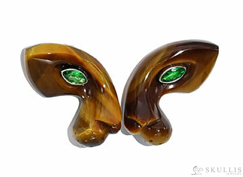 Gem Earrings of Gold Tiger's Eye Carved Leopard Head with Tsavorite Eyes