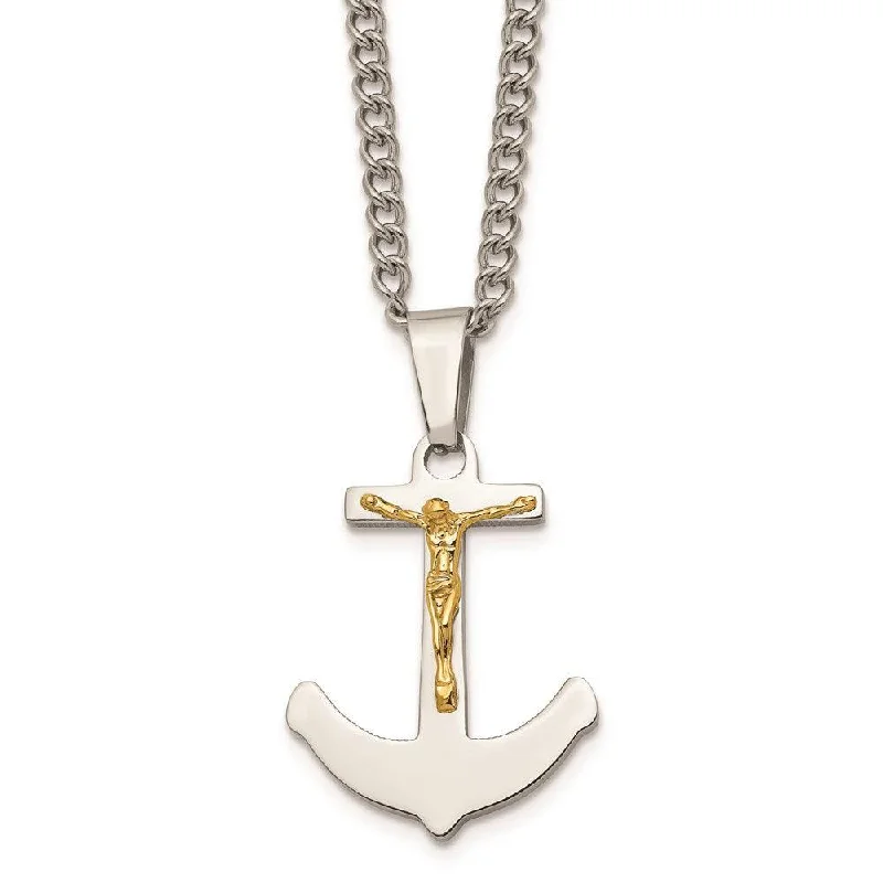 Stainless Steel w/14k Gold Crucifix Anchor Necklace