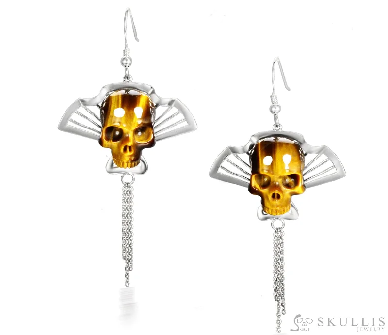 Gem Skull Earrings of Gold Tiger Eye Carved Skull in 925 Sterling Silver