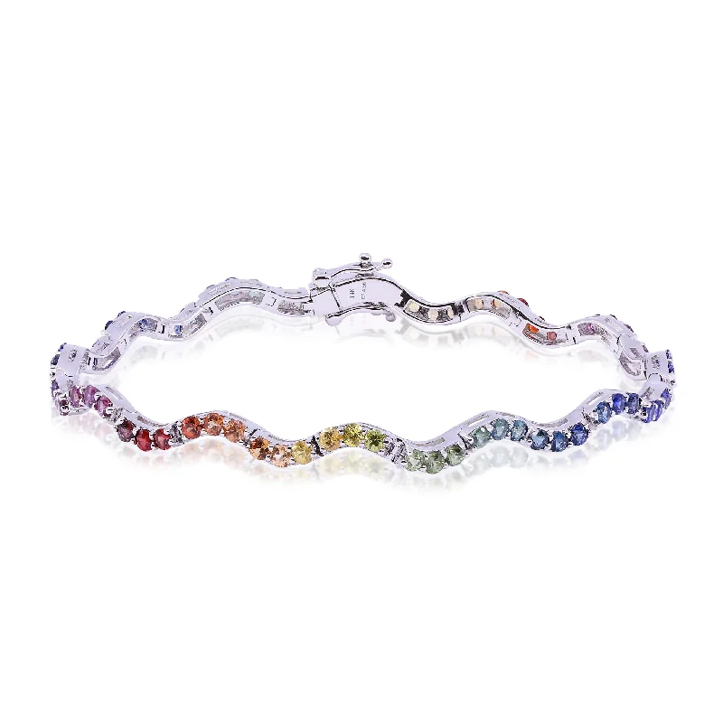 14K WHITE GOLD DIAMOND-CUT DOUBLE RAINBOW SAPPHIRE TENNIS BRACELET