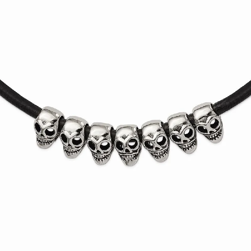 Stainless Steel Polished/Antiqued Skulls Black Leather Cord Necklace