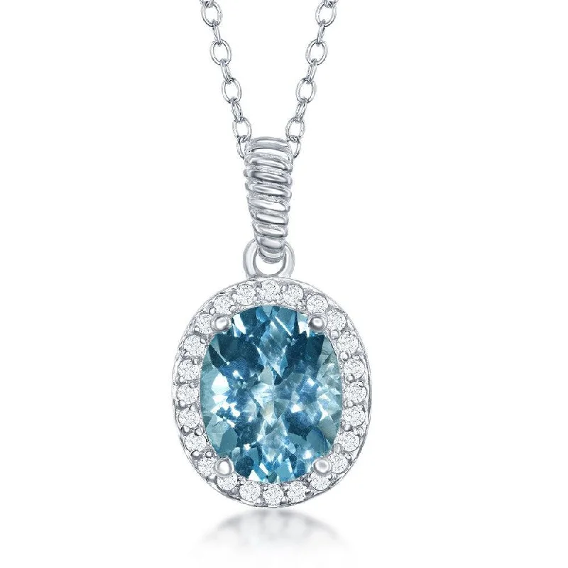 Sterling Silver Oval Blue Topaz with White Topaz Border Necklace