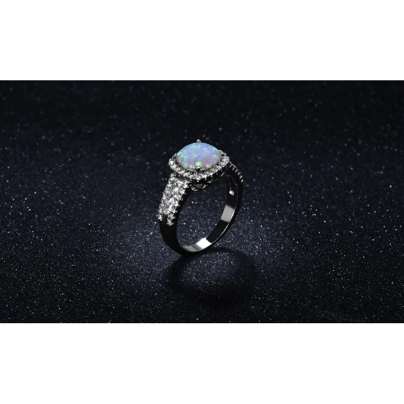 18K White Gold White Opal Cushion Cut Halo Ring 3.50 Cttw Sizes 6 7 8 9