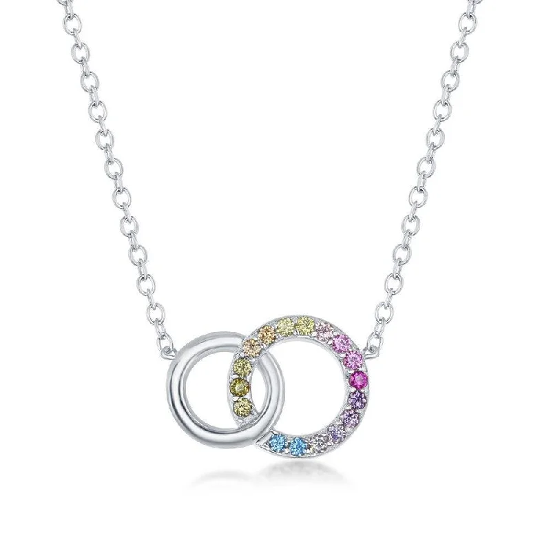 Sterling Silver Rainbow CZ Double Linked Circle Necklace