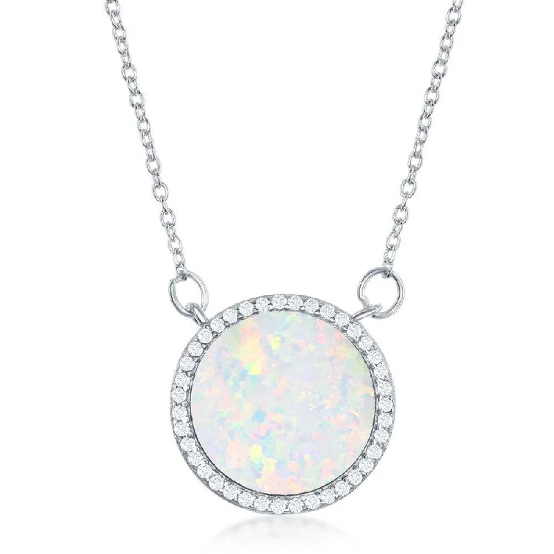 Sterling Silver White Inlay Opal Circle with CZ Border Necklace