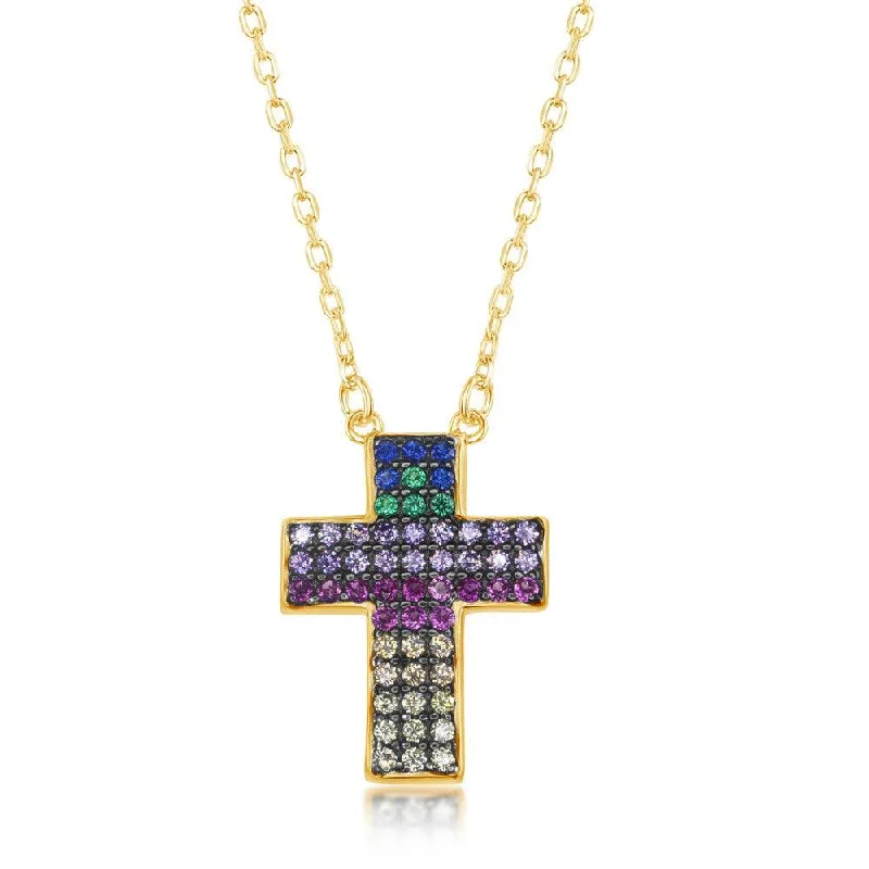 Sterling Silver Gold Plated Rainbow CZ Cross Necklace