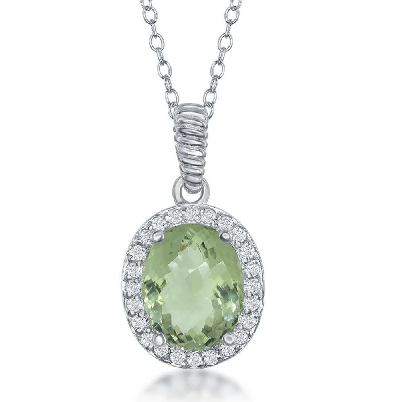 Sterling Silver Oval Green Amethyst with Topaz Border Necklace