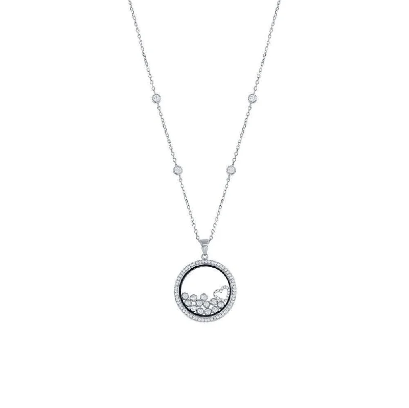 Sterling Silver CZ Floating Heart & Round CZ's in a Disc Necklace