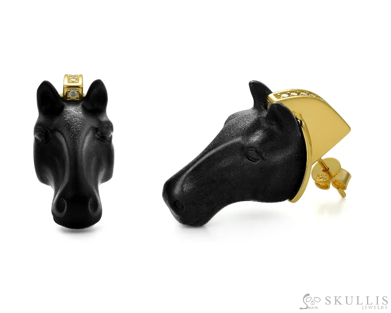 Gem Earrings of Black Obsidian Carved Horse Head