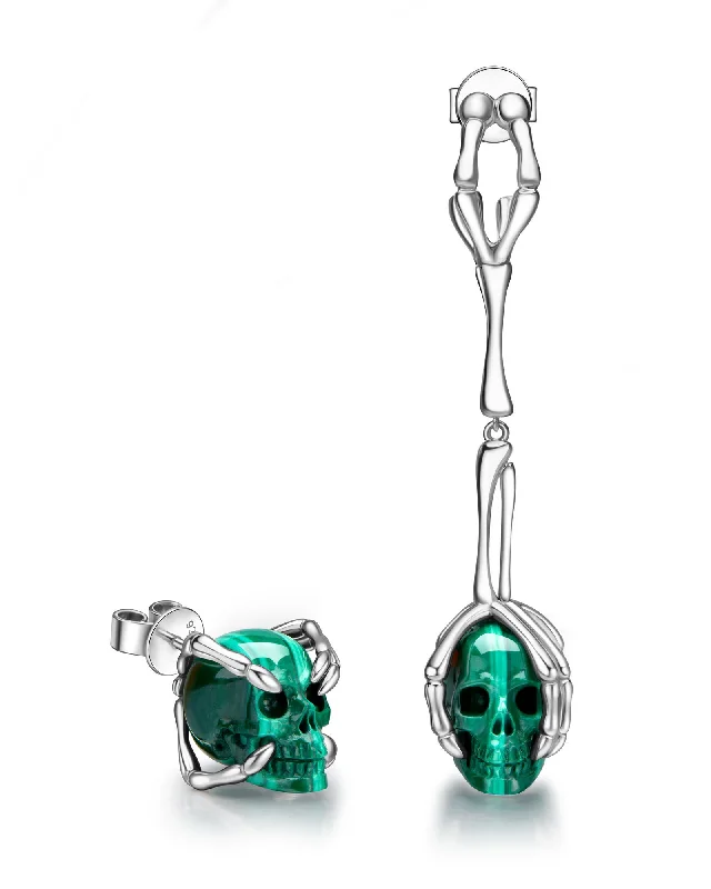 Gem Skull Earrings of Malachite Carved Skull, 925 Sterling Silver