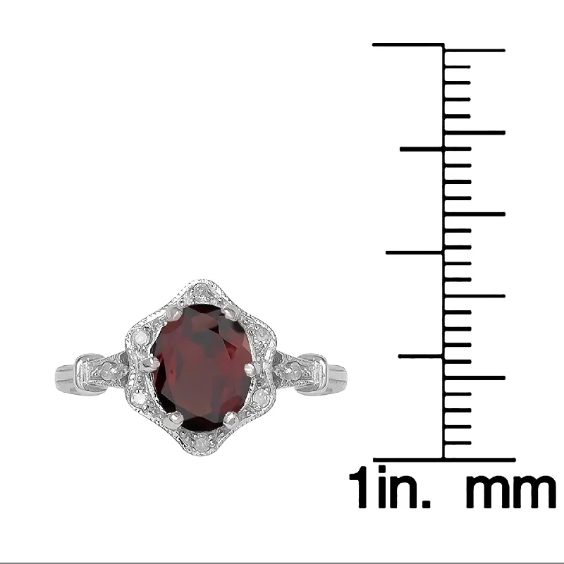 Viducci 10k White Gold Vintage Style Genuine Oval Garnet and Diamond Halo Ring